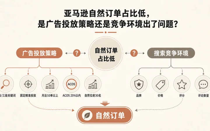 亚马逊自然订单占比低，是广告投放策略还是竞争环境出了问题？ 文章主题框架图