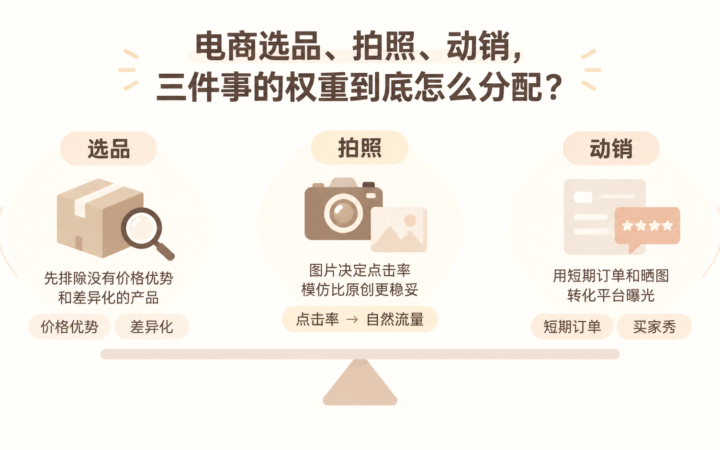 电商选品、拍照、动销，三件事的权重到底怎么分配？ 文章主题框架图