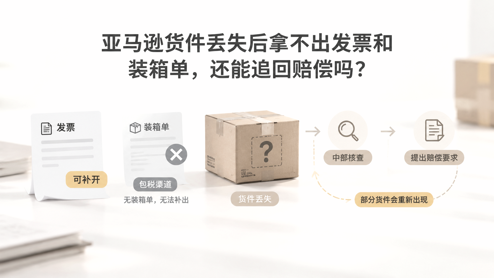 亚马逊货件丢失后拿不出发票和装箱单，还能追回赔偿吗？ 文章主题框架图