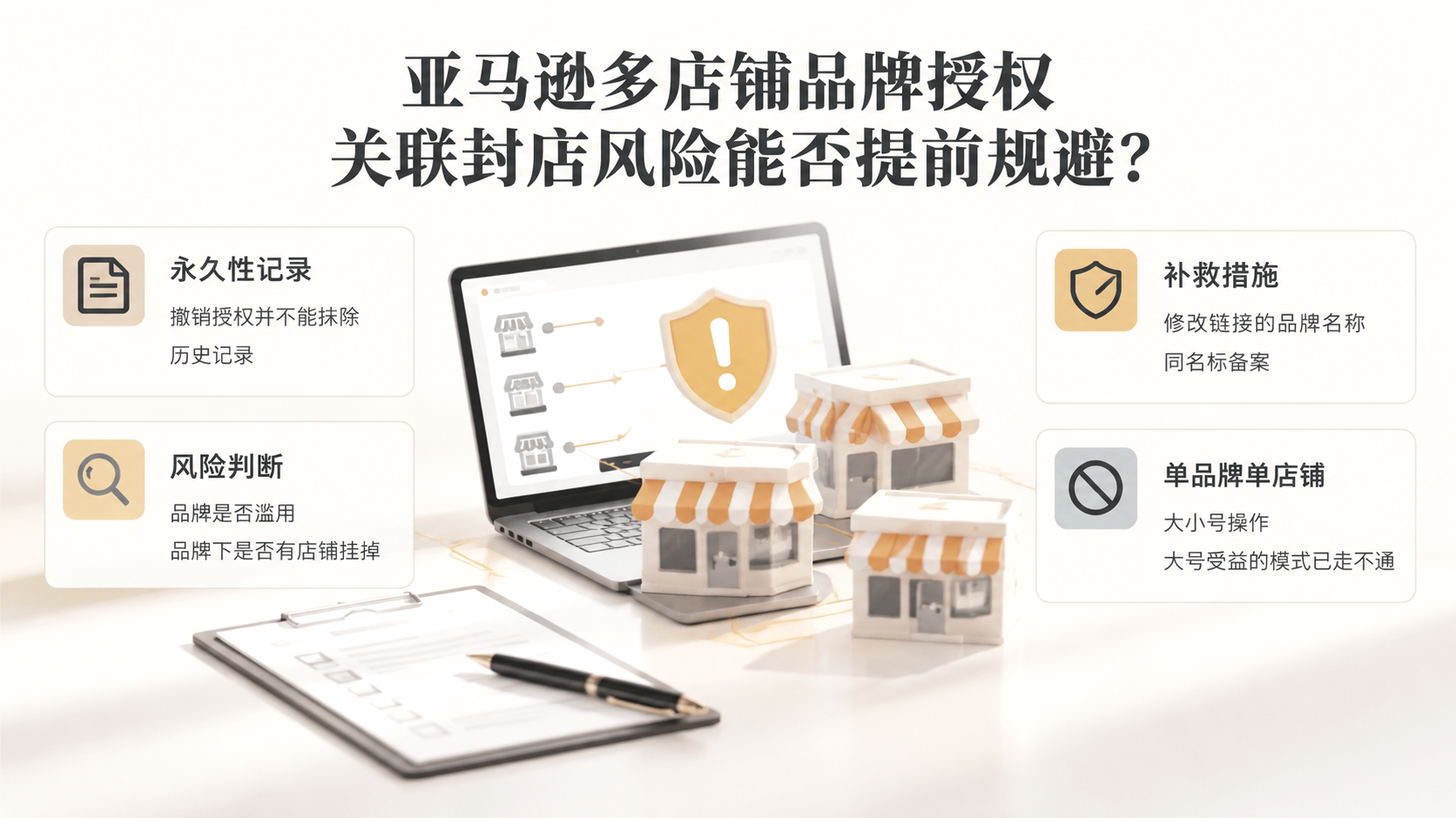 亚马逊多店铺品牌授权关联封店风险能否提前规避? 文章主题框架图