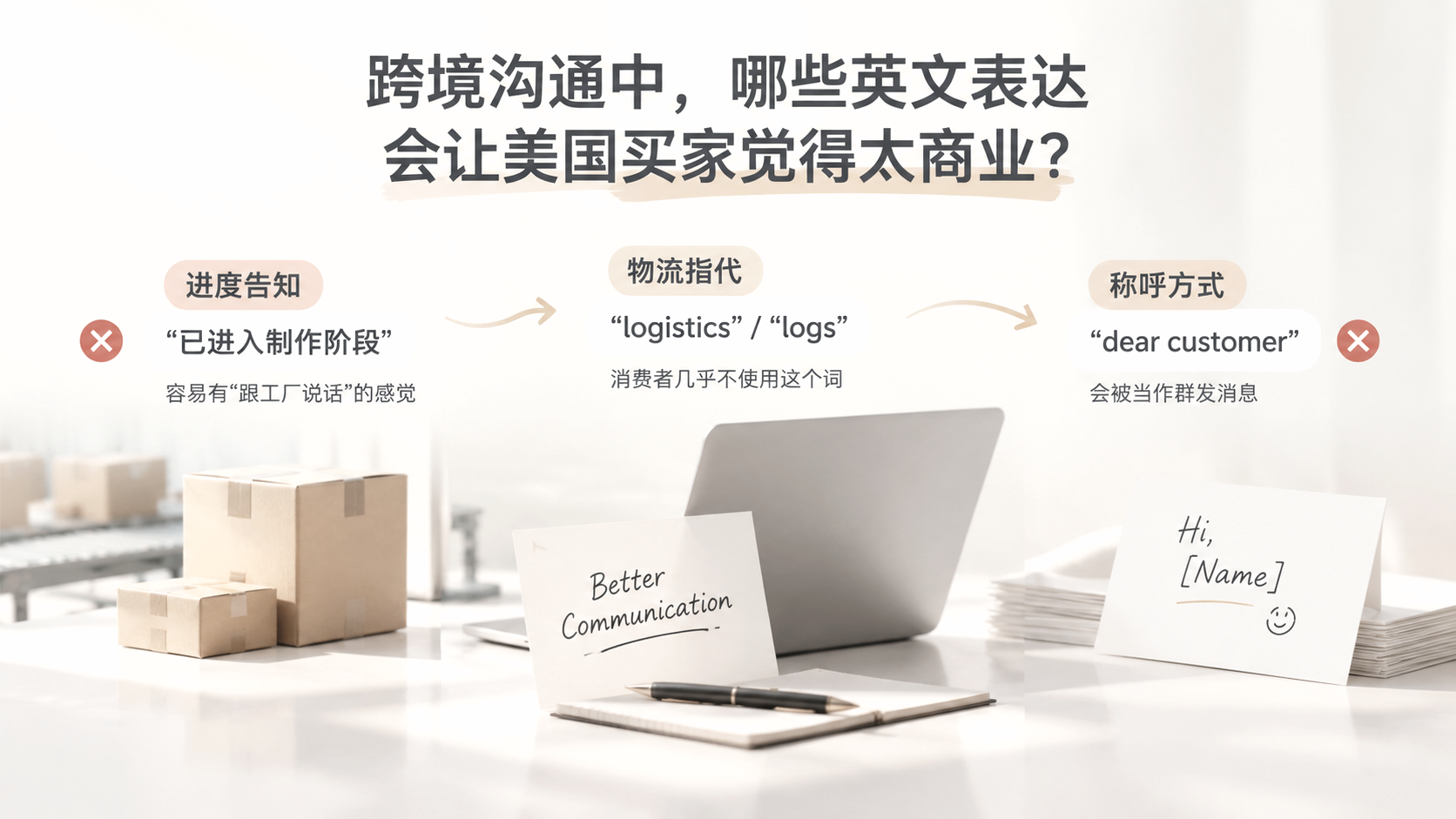 跨境沟通中，哪些英文表达会让美国买家觉得太商业？ 文章主题框架图