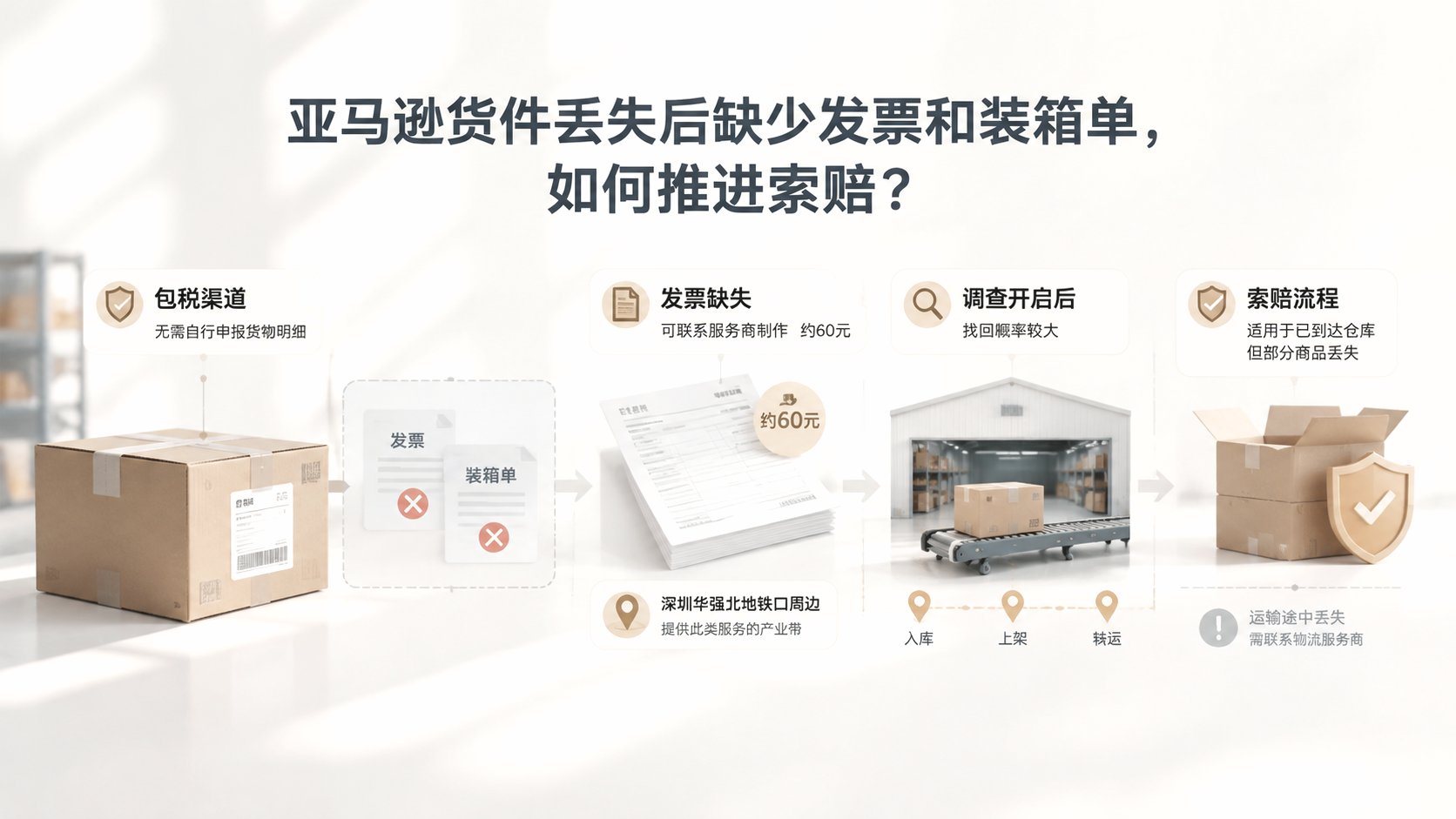 亚马逊货件丢失后缺少发票和装箱单，如何推进索赔？ 文章主题框架图