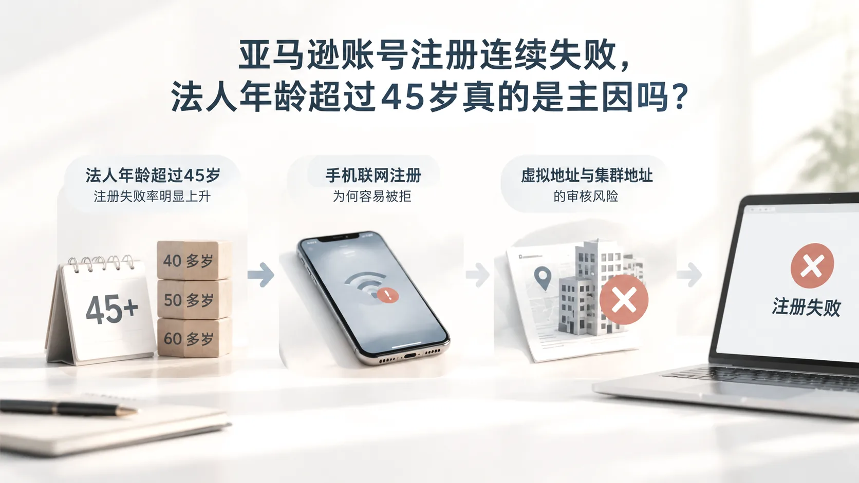 亚马逊账号注册连续失败,法人年龄超过45岁真的是主因吗? 文章主题框架图