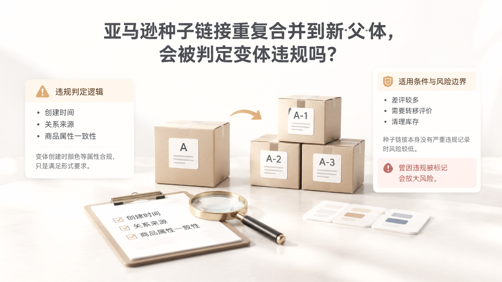 亚马逊种子链接重复合并到新父体，会被判定变体违规吗？ 文章主题框架图
