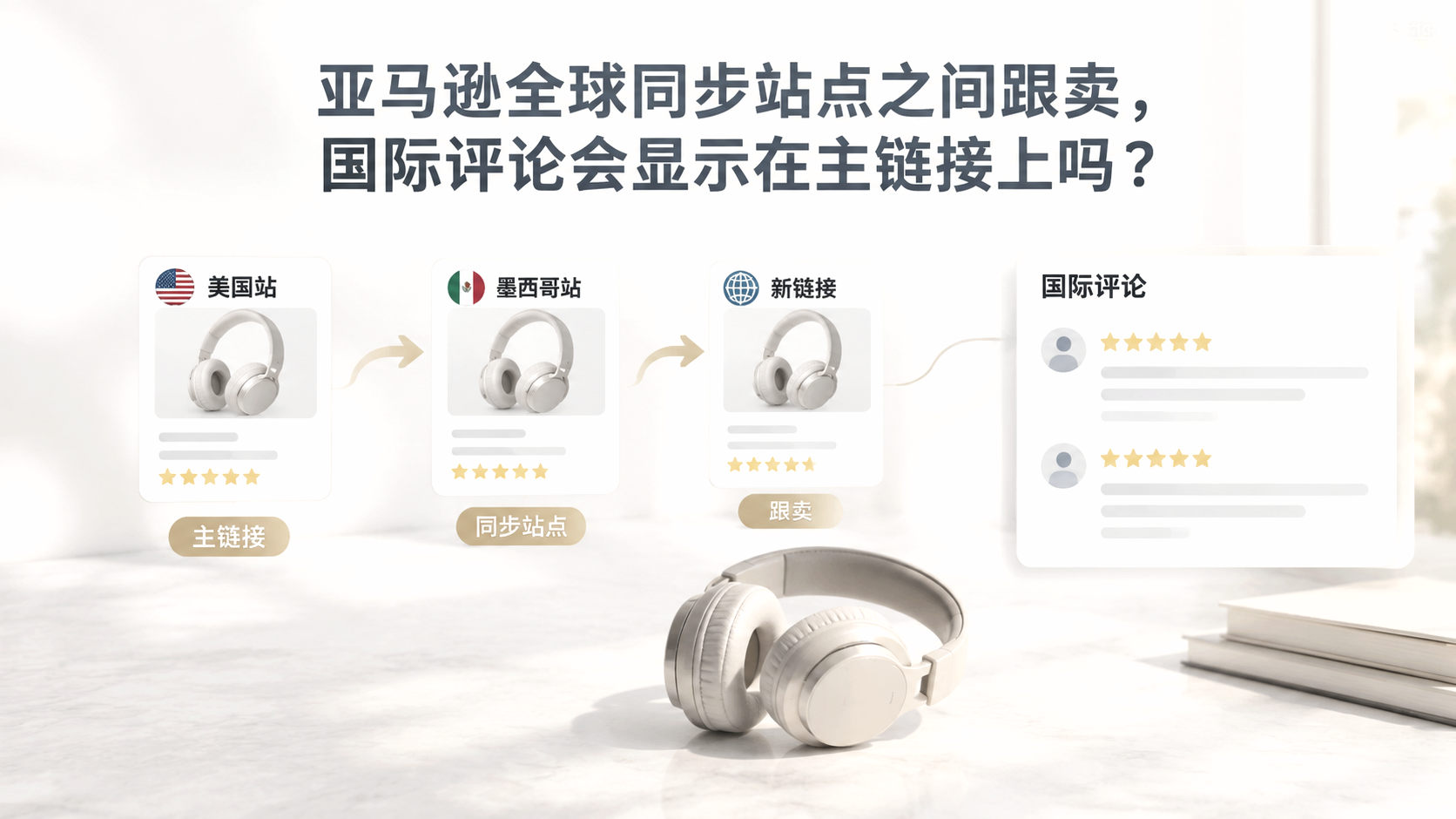 亚马逊全球同步站点之间跟卖，国际评论会显示在主链接上吗？ 文章主题框架图
