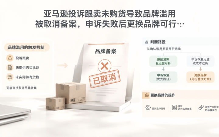 亚马逊投诉跟卖未购货导致品牌滥用被取消备案，申诉失败后更换品牌可行吗？ 文章主题框架图