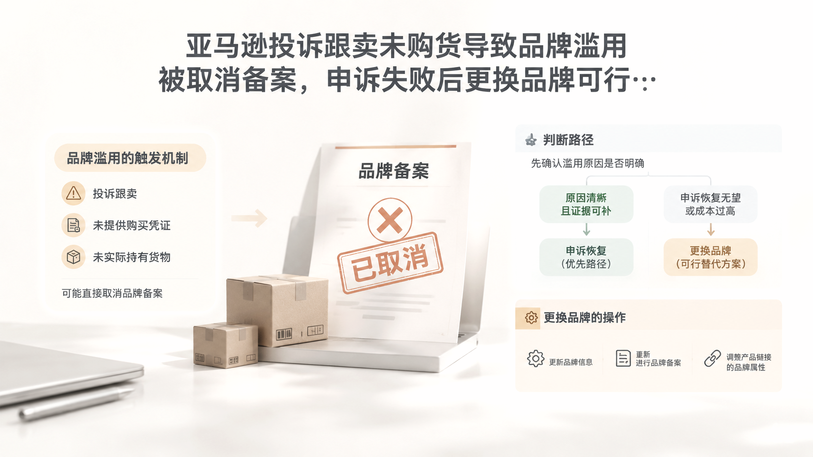 亚马逊投诉跟卖未购货导致品牌滥用被取消备案,申诉失败后更换品牌可行吗? 文章主题框架图