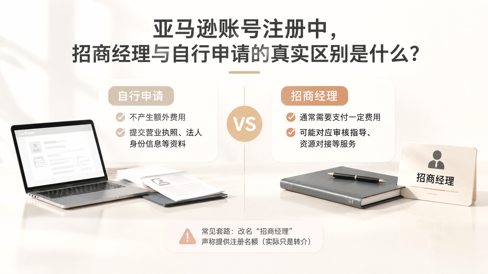 亚马逊账号注册中,招商经理与自行申请的真实区别是什么? 文章主题框架图