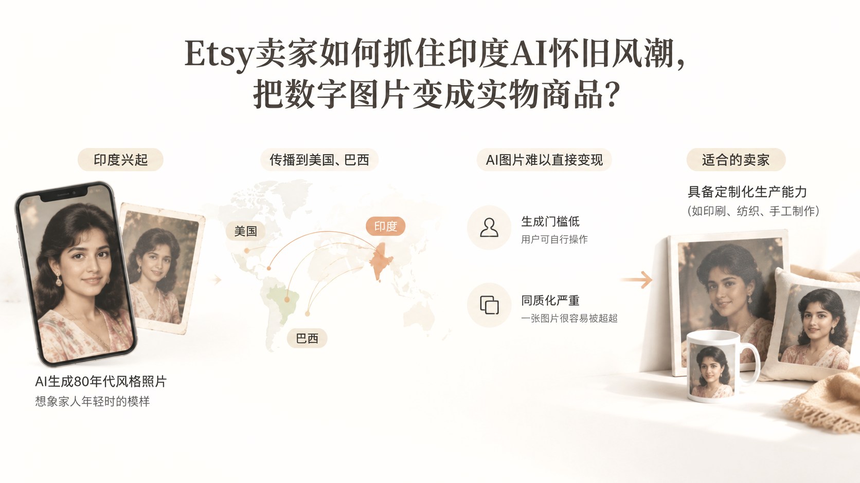Etsy卖家如何抓住印度AI怀旧风潮,把数字图片变成实物商品? 文章主题框架图