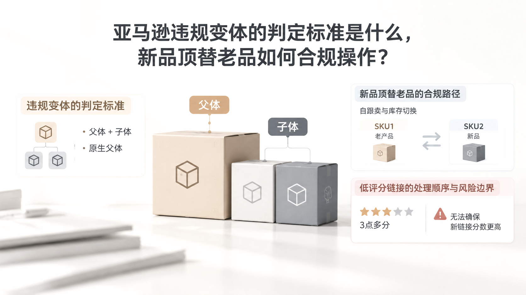 亚马逊违规变体的判定标准是什么，新品顶替老品如何合规操作？ 文章主题框架图