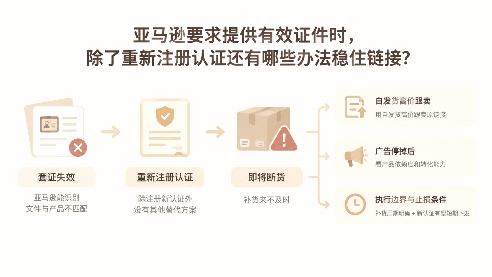 亚马逊要求提供有效证件时,除了重新注册认证还有哪些办法稳住链接? 文章主题框架图