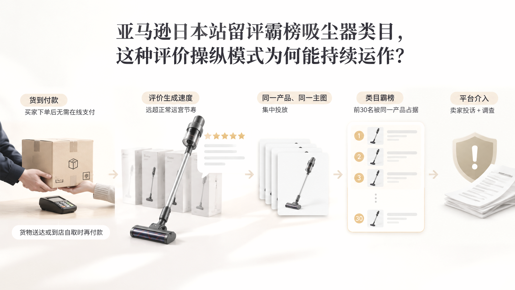 亚马逊日本站留评霸榜吸尘器类目，这种评价操纵模式为何能持续运作？ 文章主题框架图
