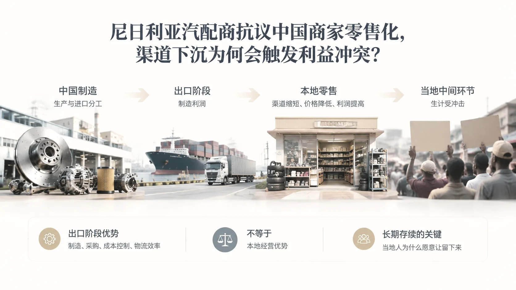 尼日利亚汽配商抗议中国商家零售化,渠道下沉为何会触发利益冲突? 文章主题框架图