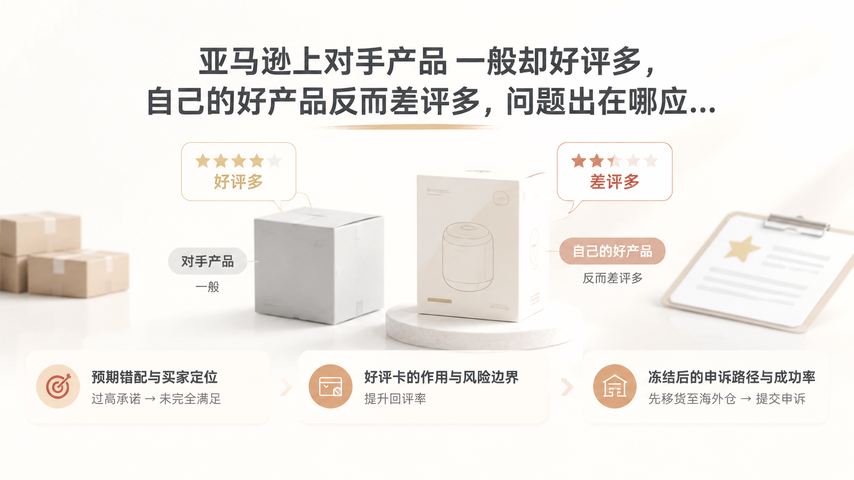 亚马逊上对手产品一般却好评多,自己的好产品反而差评多,问题出在哪应如何判断? 文章主题框架图