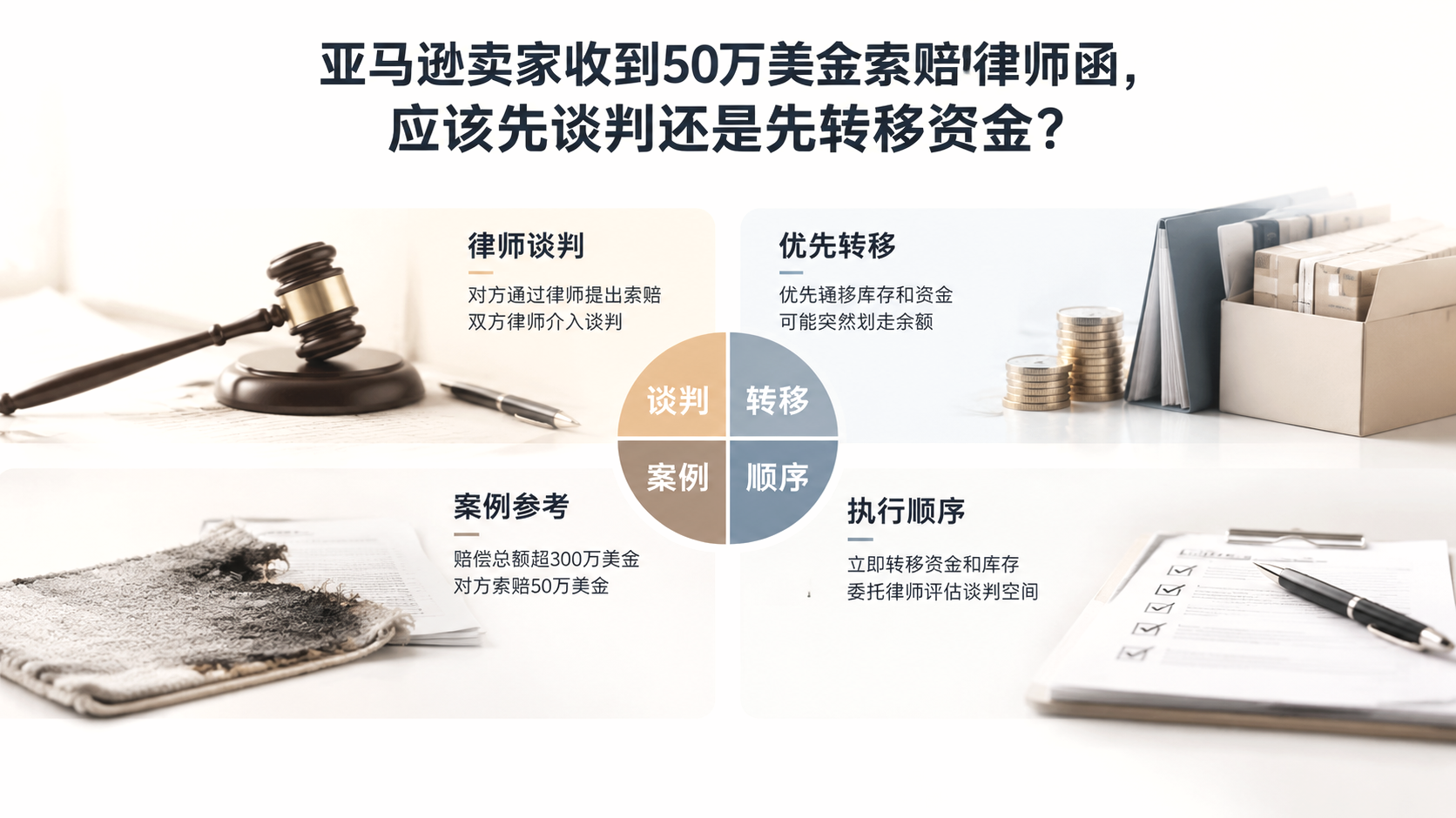 亚马逊卖家收到50万美金索赔律师函,应该先谈判还是先转移资金? 文章主题框架图
