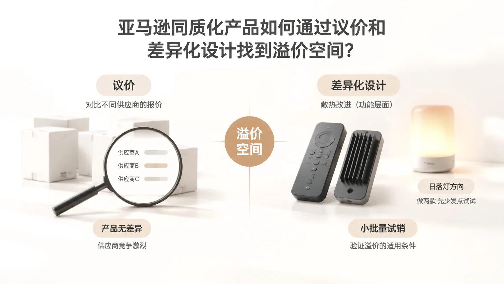 亚马逊同质化产品如何通过议价和差异化设计找到溢价空间？ 文章主题框架图