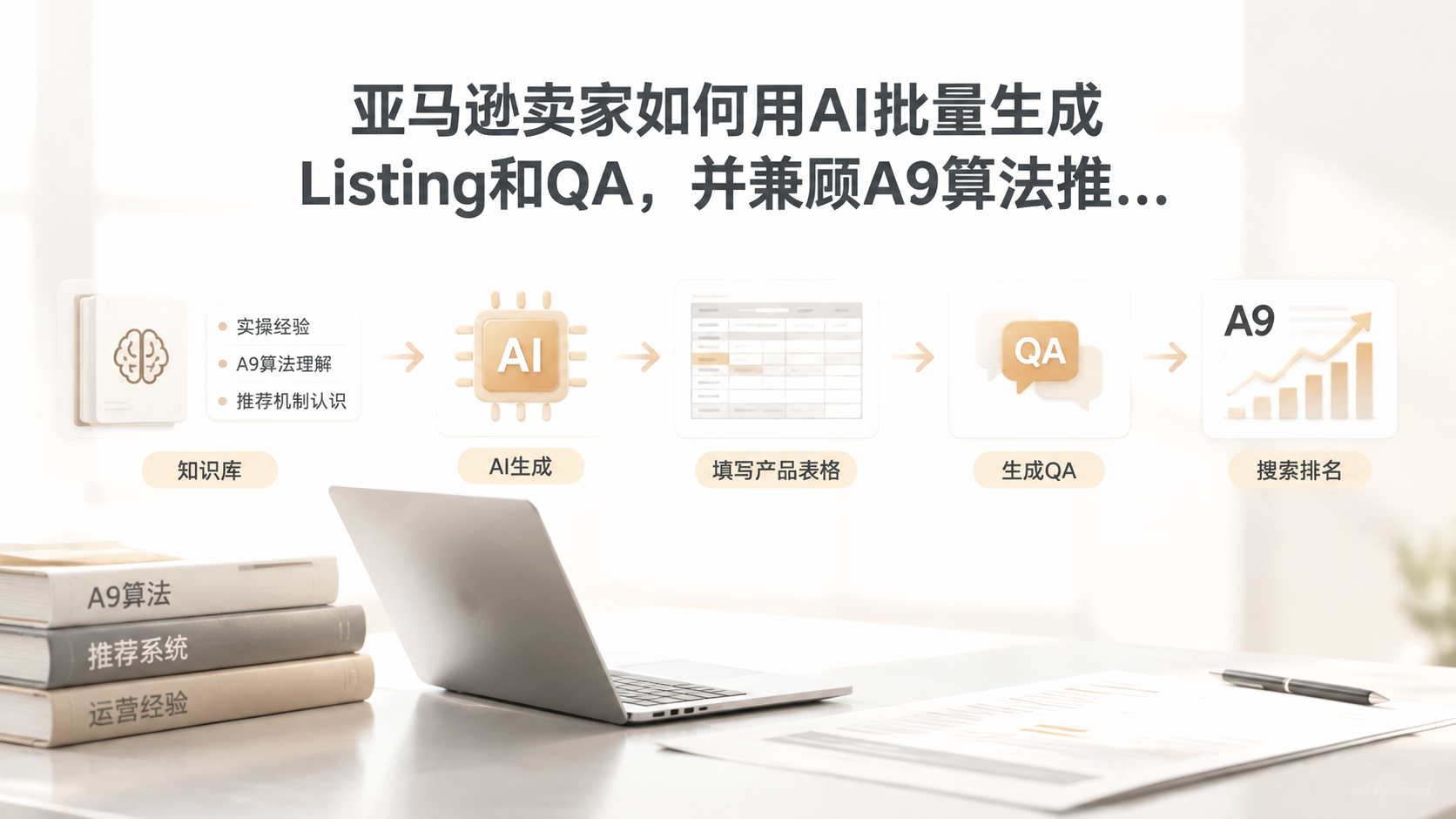 亚马逊卖家如何用AI批量生成Listing和QA,并兼顾A9算法推荐? 文章主题框架图
