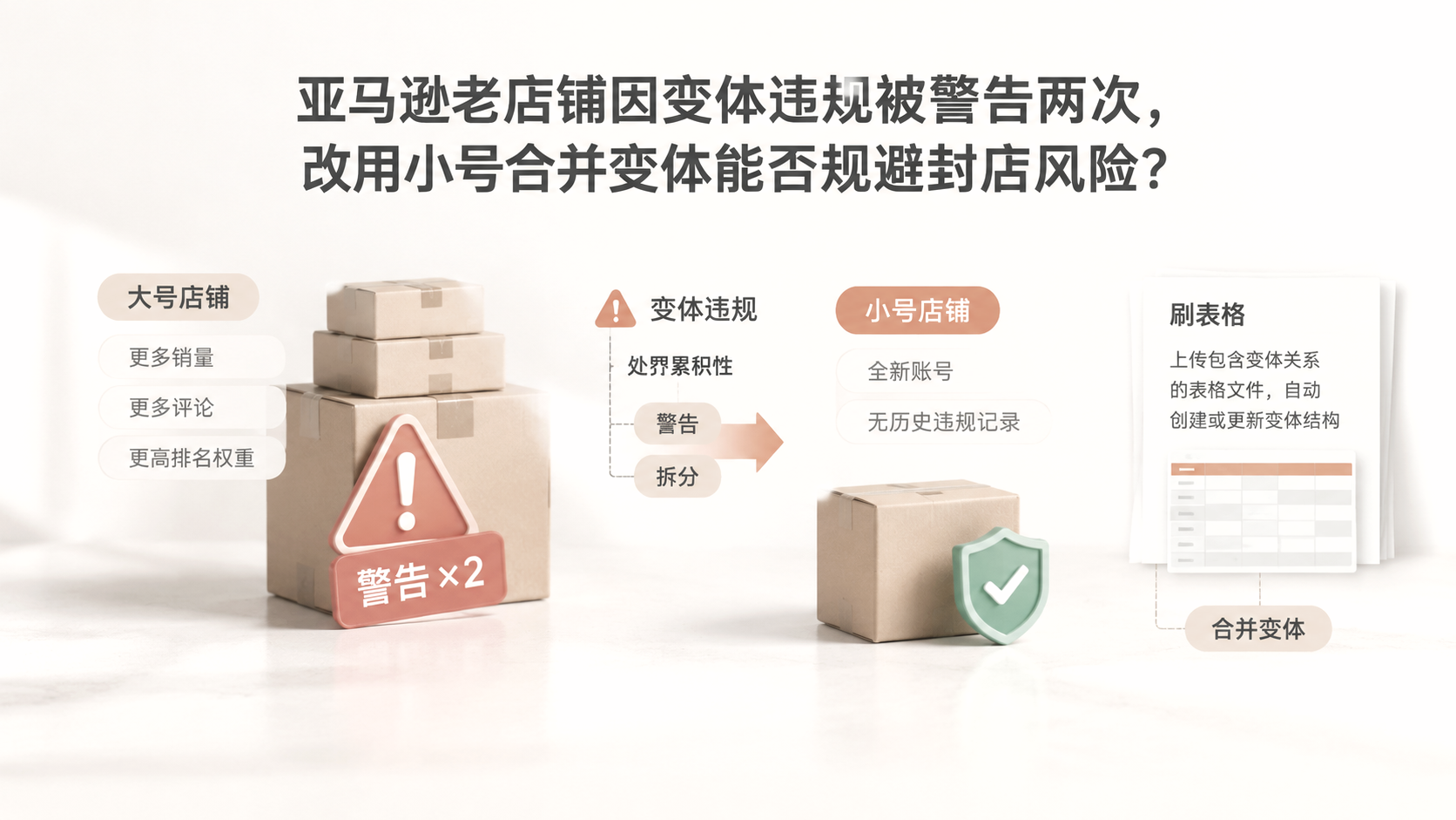 亚马逊老店铺因变体违规被警告两次,改用小号合并变体能否规避封店风险? 文章主题框架图